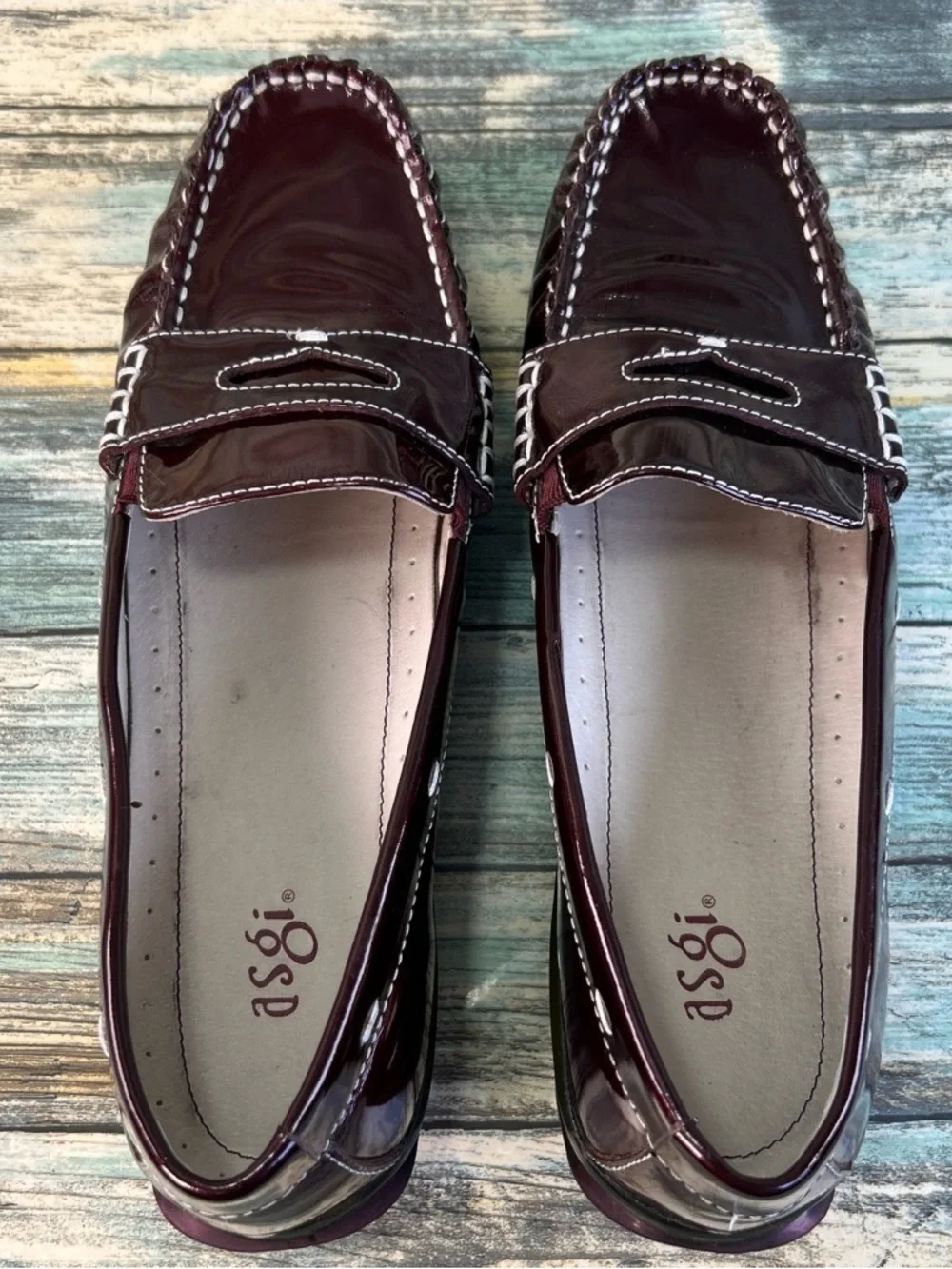 Asgi Comfort Penny Loafers Womens 8M Burgundy Patent Leather Dress Work Shoes